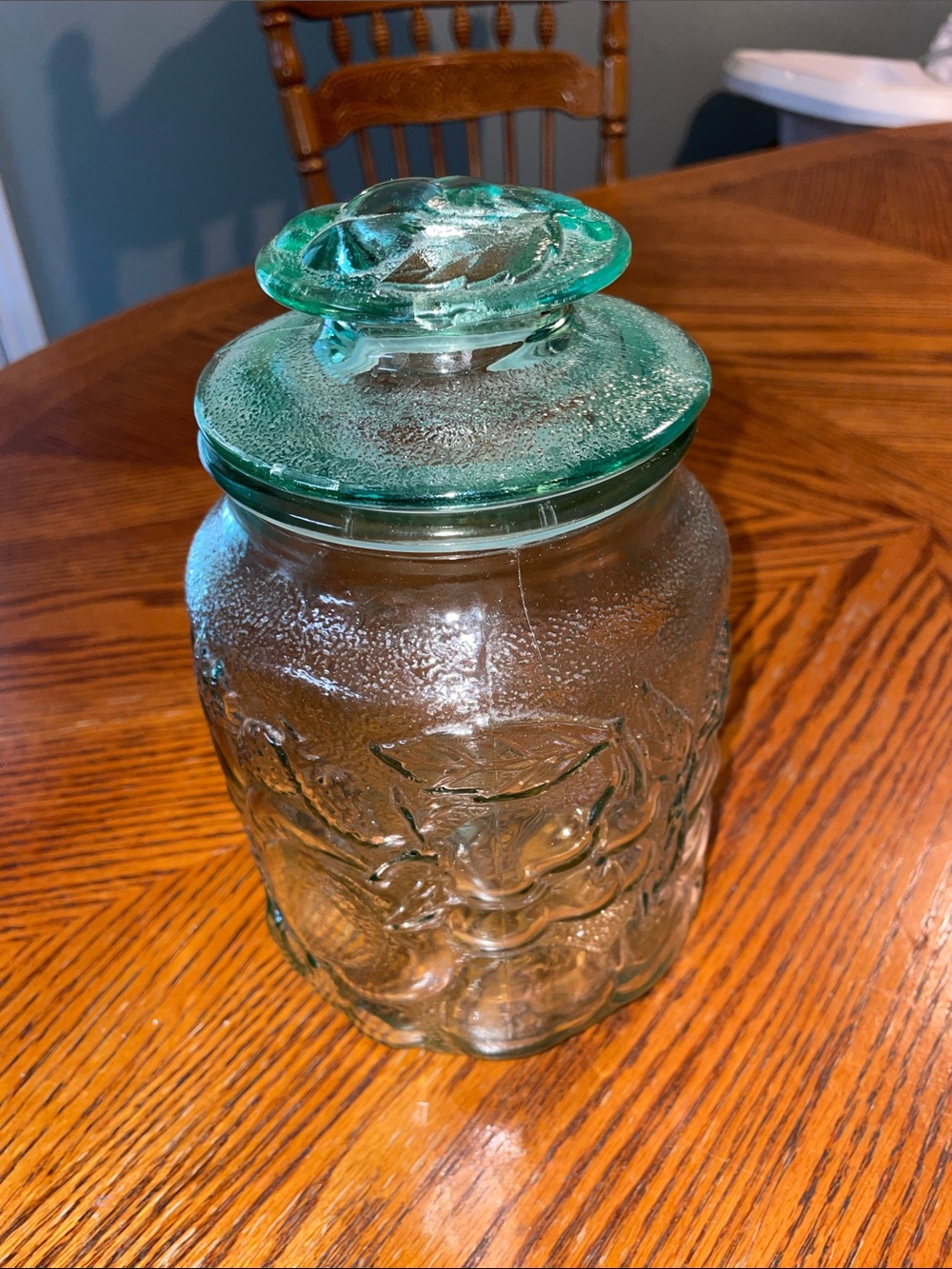 Vintage Libbey Green Glass Orchard Fruit Pattern Embossed  jar